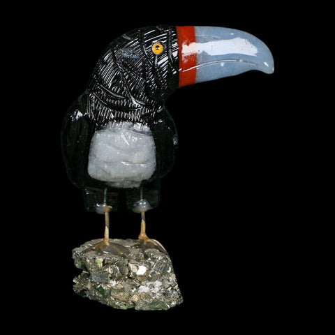 4.9" Hand Carved Tucan Perched on Pyrite, Back Calcite, And Blue Calcite Peru - Fossil Age Minerals
