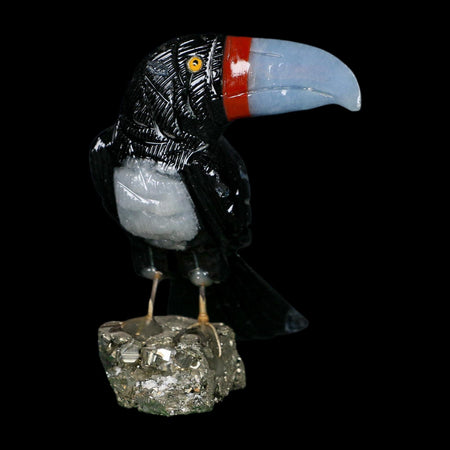 4.9" Hand Carved Tucan Perched on Pyrite, Back Calcite, And Blue Calcite Peru