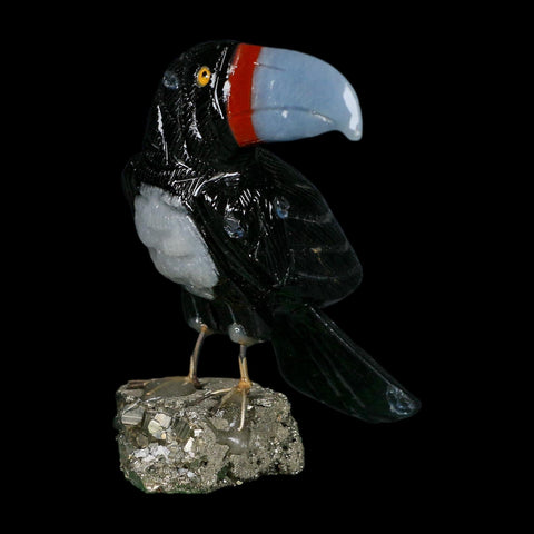 4.9" Hand Carved Tucan Perched on Pyrite, Back Calcite, And Blue Calcite Peru - Fossil Age Minerals