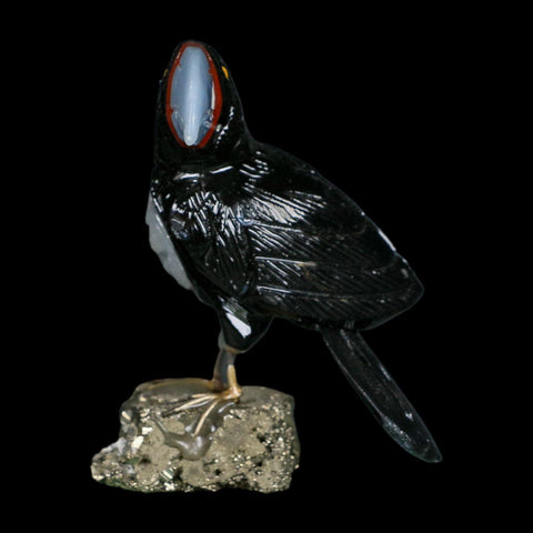 4.9" Hand Carved Tucan Perched on Pyrite, Back Calcite, And Blue Calcite Peru - Fossil Age Minerals