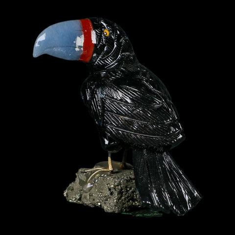 4.9" Hand Carved Tucan Perched on Pyrite, Back Calcite, And Blue Calcite Peru - Fossil Age Minerals
