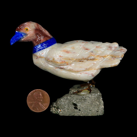 3.5" Hand Carved Duck Perched on Pyrite, Rhodochrosite, And Sodalite Peru - Fossil Age Minerals