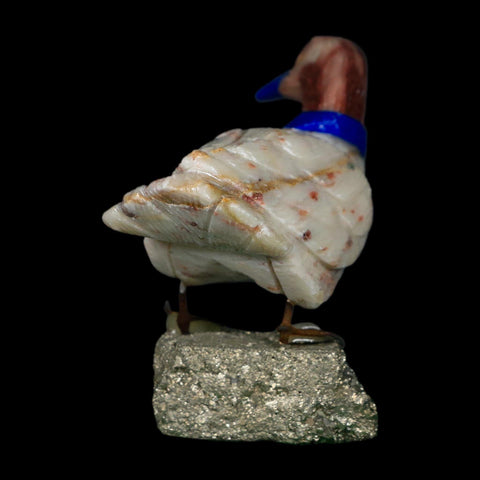 3.5" Hand Carved Duck Perched on Pyrite, Rhodochrosite, And Sodalite Peru - Fossil Age Minerals
