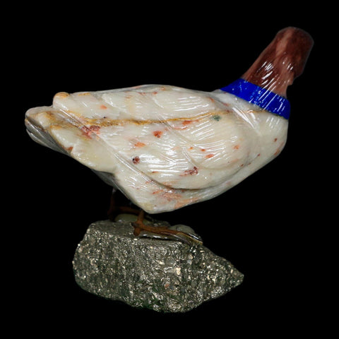 3.5" Hand Carved Duck Perched on Pyrite, Rhodochrosite, And Sodalite Peru - Fossil Age Minerals