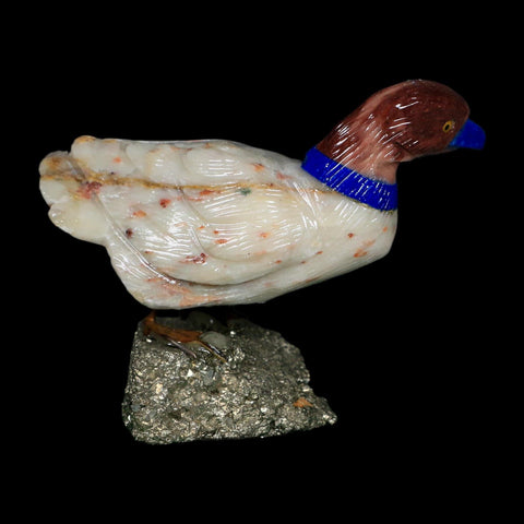 3.5" Hand Carved Duck Perched on Pyrite, Rhodochrosite, And Sodalite Peru - Fossil Age Minerals