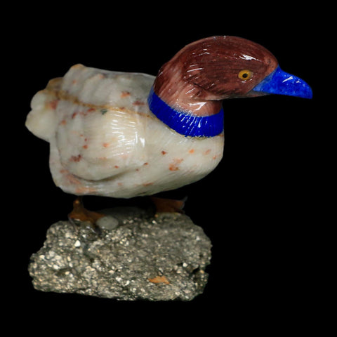 3.5" Hand Carved Duck Perched on Pyrite, Rhodochrosite, And Sodalite Peru - Fossil Age Minerals