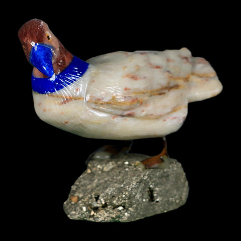 3.5" Hand Carved Duck Perched on Pyrite, Rhodochrosite, And Sodalite Peru - Fossil Age Minerals