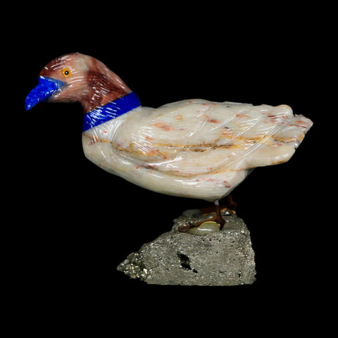 3.5" Hand Carved Duck Perched on Pyrite, Rhodochrosite, And Sodalite Peru - Fossil Age Minerals