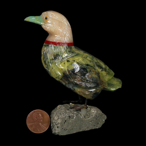 3.7" Hand Carved Duck Perched on Pyrite, Serpentine, And Red Calcite Peru - Fossil Age Minerals