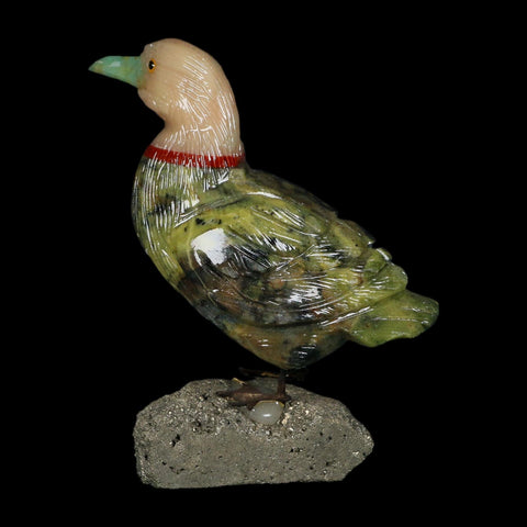 3.7" Hand Carved Duck Perched on Pyrite, Serpentine, And Red Calcite Peru - Fossil Age Minerals