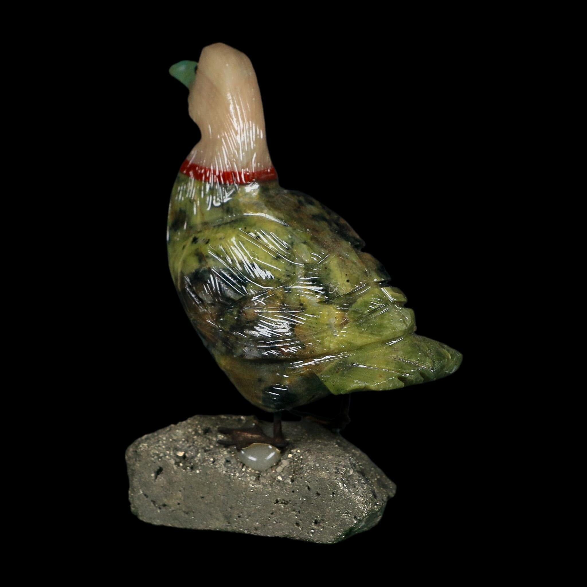 3.7" Hand Carved Duck Perched on Pyrite, Serpentine, And Red Calcite Peru - Fossil Age Minerals