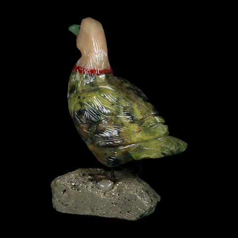 3.7" Hand Carved Duck Perched on Pyrite, Serpentine, And Red Calcite Peru - Fossil Age Minerals