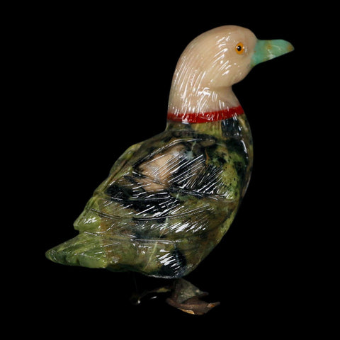 3.7" Hand Carved Duck Perched on Pyrite, Serpentine, And Red Calcite Peru - Fossil Age Minerals