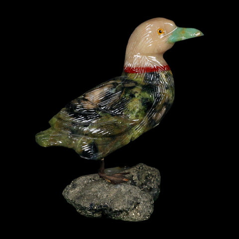 3.7" Hand Carved Duck Perched on Pyrite, Serpentine, And Red Calcite Peru - Fossil Age Minerals
