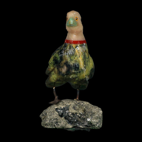 3.7" Hand Carved Duck Perched on Pyrite, Serpentine, And Red Calcite Peru - Fossil Age Minerals