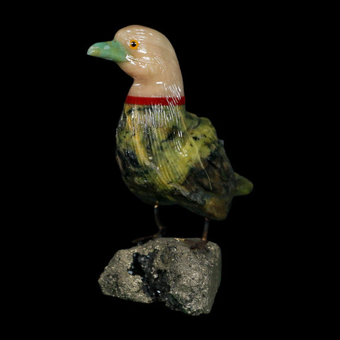 3.7" Hand Carved Duck Perched on Pyrite, Serpentine, And Red Calcite Peru - Fossil Age Minerals