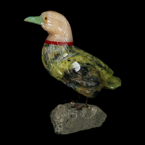 3.7" Hand Carved Duck Perched on Pyrite, Serpentine, And Red Calcite Peru - Fossil Age Minerals