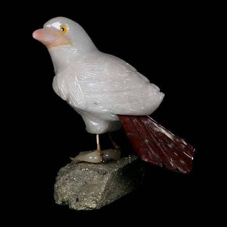 3.6" Hand Carved Bird Perched on Pyrite, White Calcite, And Rhodochrosite Peru