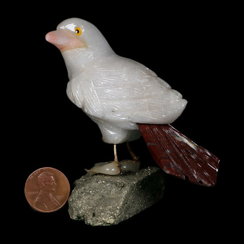 3.6" Hand Carved Bird Perched on Pyrite, White Calcite, And Rhodochrosite Peru - Fossil Age Minerals