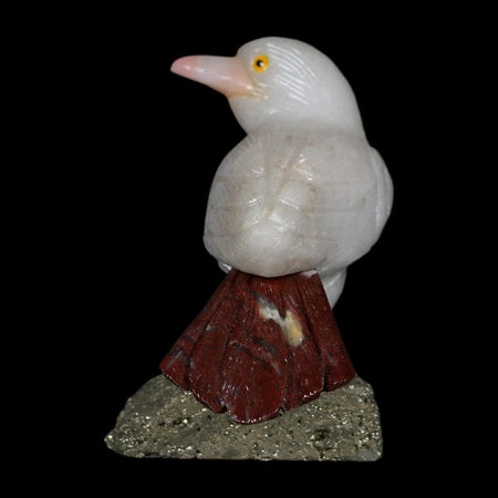 3.6" Hand Carved Bird Perched on Pyrite, White Calcite, And Rhodochrosite Peru