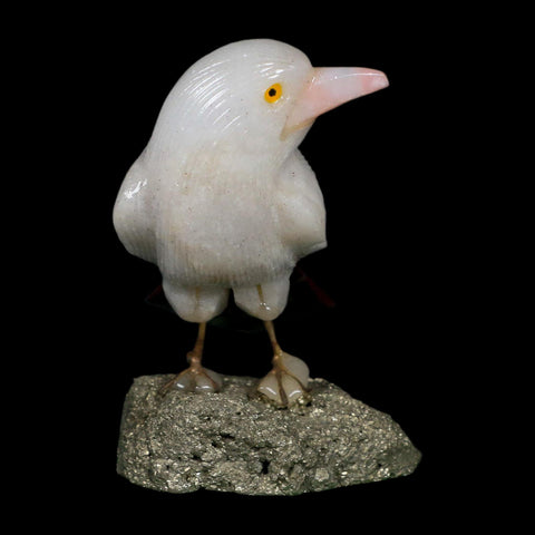 3.6" Hand Carved Bird Perched on Pyrite, White Calcite, And Rhodochrosite Peru - Fossil Age Minerals