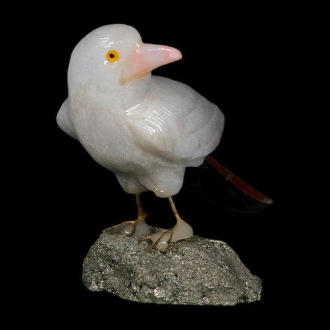 3.6" Hand Carved Bird Perched on Pyrite, White Calcite, And Rhodochrosite Peru - Fossil Age Minerals