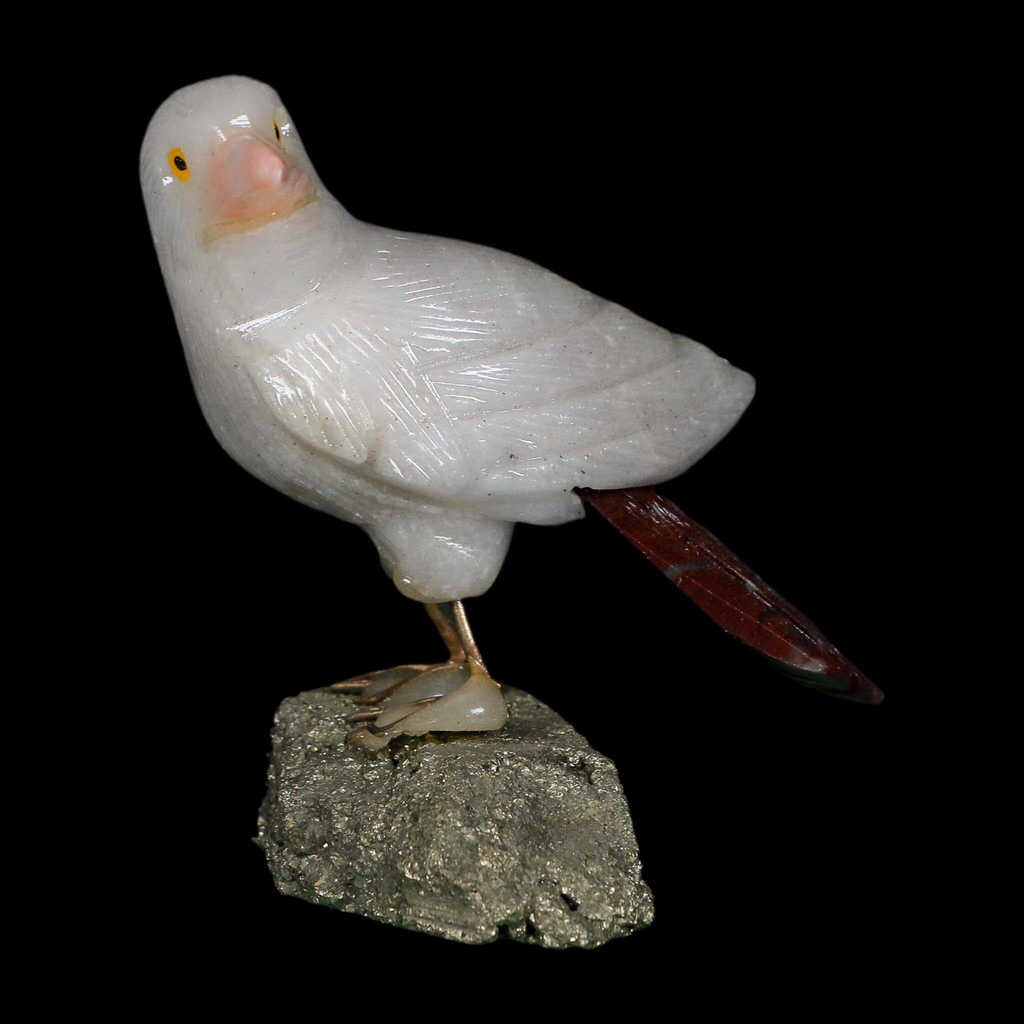 3.6" Hand Carved Bird Perched on Pyrite, White Calcite, And Rhodochrosite Peru - Fossil Age Minerals
