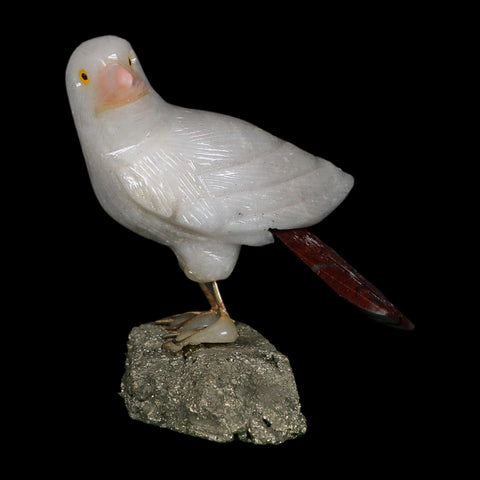 3.6" Hand Carved Bird Perched on Pyrite, White Calcite, And Rhodochrosite Peru - Fossil Age Minerals