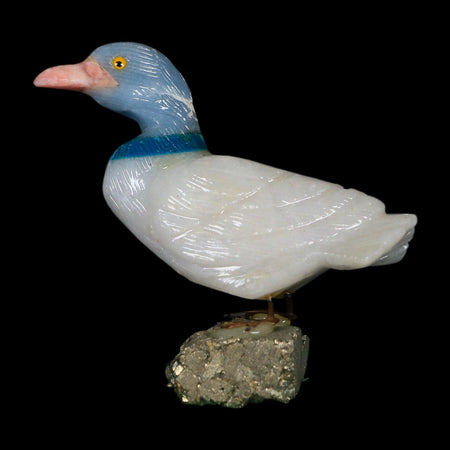 3.8" Hand Carved Duck Perched on Pyrite, White Calcite, And Blue Calcite Peru