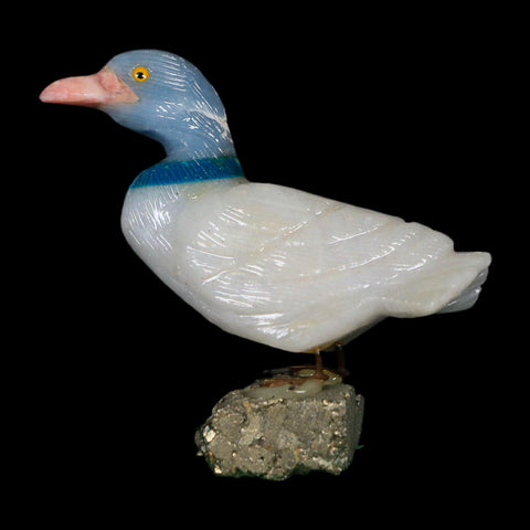 3.8" Hand Carved Duck Perched on Pyrite, White Calcite, And Blue Calcite Peru - Fossil Age Minerals