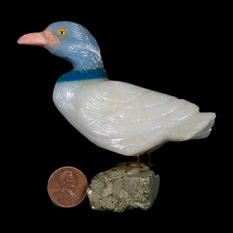 3.8" Hand Carved Duck Perched on Pyrite, White Calcite, And Blue Calcite Peru - Fossil Age Minerals