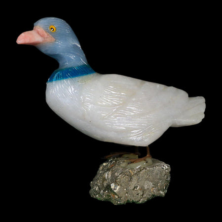 3.8" Hand Carved Duck Perched on Pyrite, White Calcite, And Blue Calcite Peru