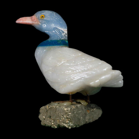 3.8" Hand Carved Duck Perched on Pyrite, White Calcite, And Blue Calcite Peru - Fossil Age Minerals