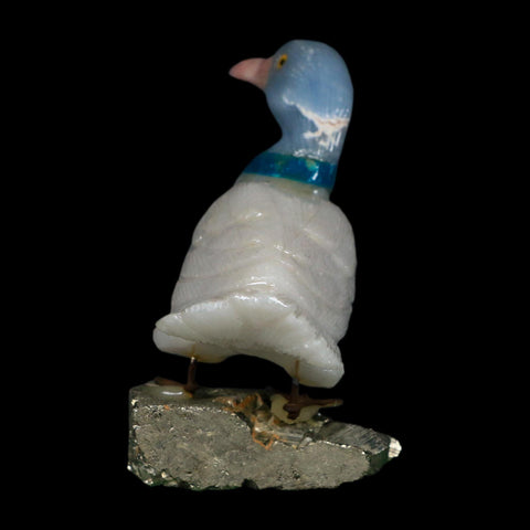 3.8" Hand Carved Duck Perched on Pyrite, White Calcite, And Blue Calcite Peru - Fossil Age Minerals