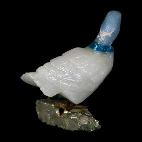 3.8" Hand Carved Duck Perched on Pyrite, White Calcite, And Blue Calcite Peru - Fossil Age Minerals
