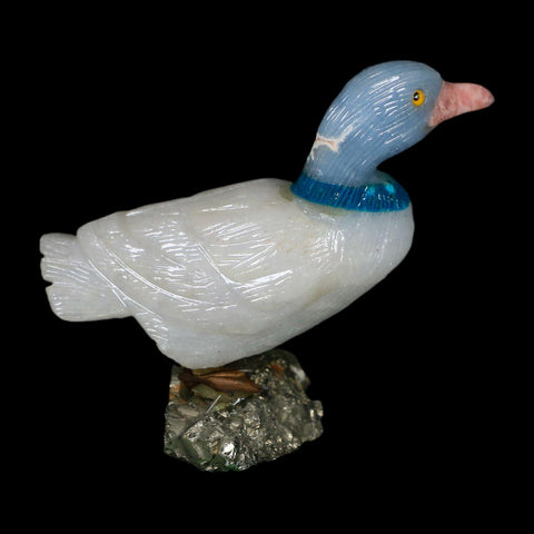 3.8" Hand Carved Duck Perched on Pyrite, White Calcite, And Blue Calcite Peru - Fossil Age Minerals