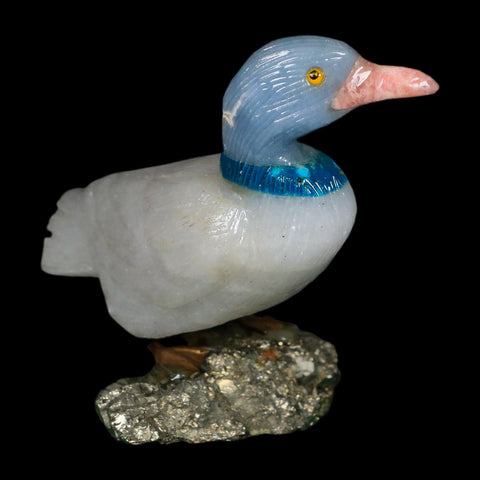 3.8" Hand Carved Duck Perched on Pyrite, White Calcite, And Blue Calcite Peru - Fossil Age Minerals