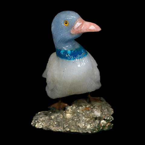 3.8" Hand Carved Duck Perched on Pyrite, White Calcite, And Blue Calcite Peru - Fossil Age Minerals