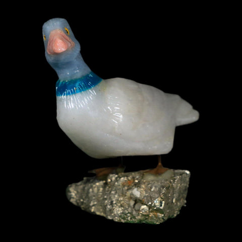 3.8" Hand Carved Duck Perched on Pyrite, White Calcite, And Blue Calcite Peru - Fossil Age Minerals