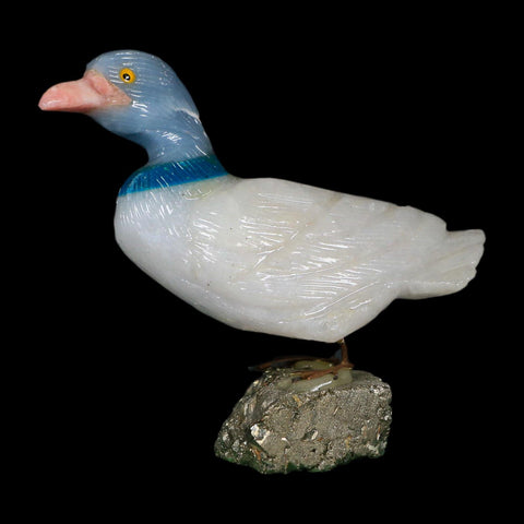 3.8" Hand Carved Duck Perched on Pyrite, White Calcite, And Blue Calcite Peru - Fossil Age Minerals