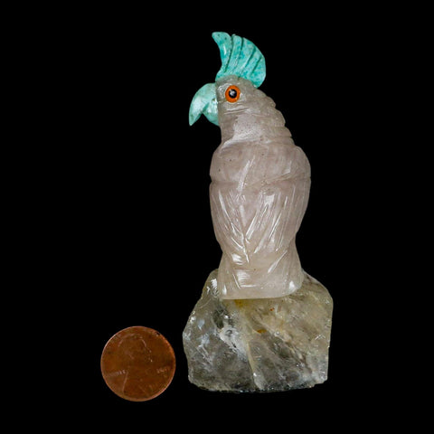 3.5" Hand Carved Bird Perched on Quartz Crystal Parrot Green, White Calcite Peru - Fossil Age Minerals