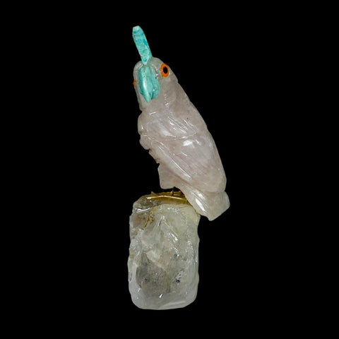 3.5" Hand Carved Bird Perched on Quartz Crystal Parrot Green, White Calcite Peru - Fossil Age Minerals