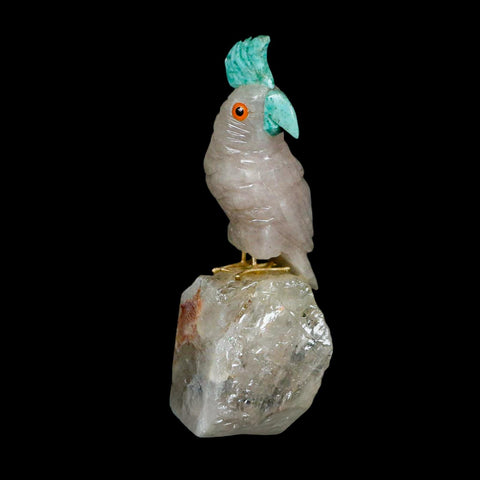 3.5" Hand Carved Bird Perched on Quartz Crystal Parrot Green, White Calcite Peru - Fossil Age Minerals