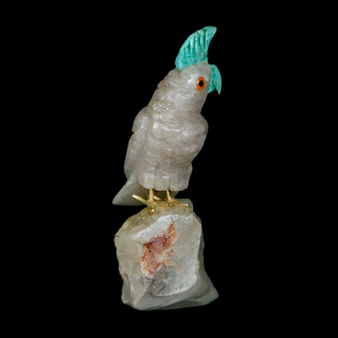 3.5" Hand Carved Bird Perched on Quartz Crystal Parrot Green, White Calcite Peru - Fossil Age Minerals