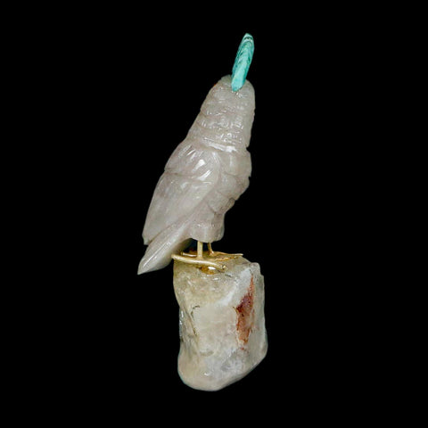 3.5" Hand Carved Bird Perched on Quartz Crystal Parrot Green, White Calcite Peru - Fossil Age Minerals