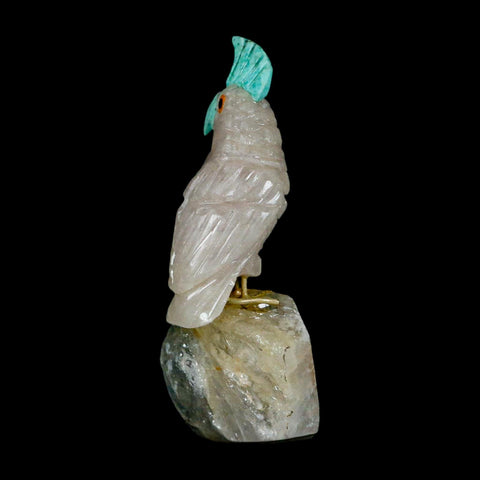 3.5" Hand Carved Bird Perched on Quartz Crystal Parrot Green, White Calcite Peru - Fossil Age Minerals