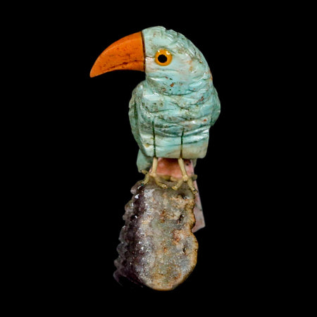 2.8" Hand Carved Bird Perched on Quartz Crystal Parrot Green Calcite Peru