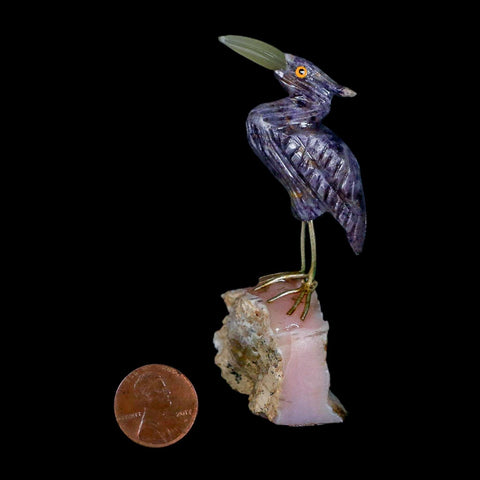 3.6" Hand Carved Bird Perched On Pink Calcite Shore Bird, Amethyst Peru - Fossil Age Minerals