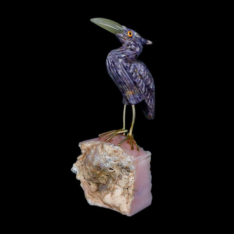 3.6" Hand Carved Bird Perched On Pink Calcite Shore Bird, Amethyst Peru - Fossil Age Minerals