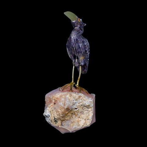 3.6" Hand Carved Bird Perched On Pink Calcite Shore Bird, Amethyst Peru - Fossil Age Minerals